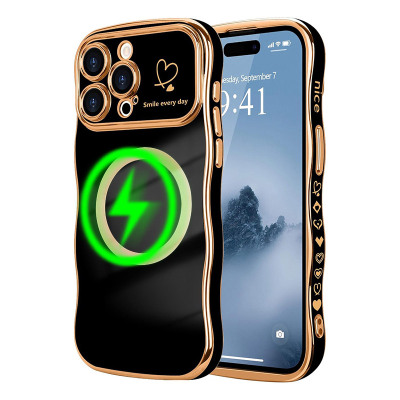iPhone 16 Plus Case - Heavy Duty Phone Case - ZXI Luxury Plating Phone Case, Support Magsafe, Love Heart Wave Frame Curly Shape, Shockproof Protective Cover - LUXURY PLATING MAGSAFE CASE
