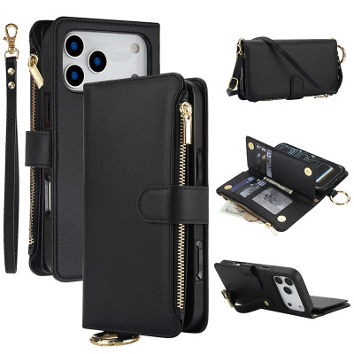 Wallet Folio Flip Crossbody Phone Case - ZXI Crossbody Wallet Phone Case, Multi Function Stylish Ring Zipper Purse Cover, with Card Slots & Wrist Strap - CROSSBODY ZIPPER WALLET CASE
