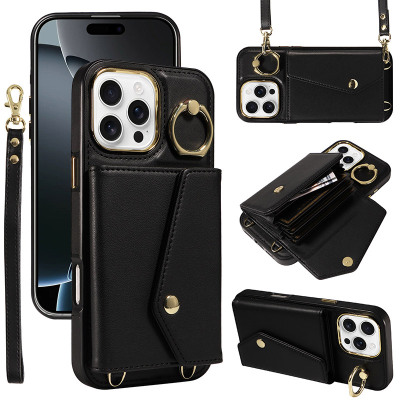 Wallet Crossbody Phone Case - ZXI Crossbody Wallet Phone Case, with Credit Card Slots & 360° Rotating Ring Kickstand & Wrist Band - CROSSBODY WALLET LEATHER CASE